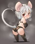  1girl animal_ear_fluff animal_ears aroused ass black_bra black_gloves black_panties black_thighhighs blush bra breasts chibi commentary_request elbow_gloves from_behind full_body gloves grey_background grey_hair hand_on_own_chest highres looking_back mouse_ears mouse_girl mouse_tail nazrin open_mouth panties red_eyes short_hair simple_background small_breasts solo steam sweat tail thighhighs thighs touhou underwear underwear_only yudepii 