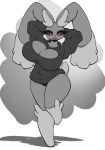  anthro big_breasts black_and_white breasts female fur furry_tail generation_4_pokemon half-closed_eyes hi_res lagomorph leporid lipstick lopunny makeup mammal monochrome narrowed_eyes nintendo pokemon pokemon_(species) rabbit red_eyes smile solo sweatshirt tail z_dragon 