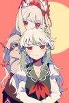  2girls :| bangs behind_another blush breasts cleavage closed_mouth covered_mouth ex-keine fujiwara_no_mokou green_hair horns itomugi-kun jitome kamishirasawa_keine long_hair looking_at_viewer multicolored_hair multiple_girls pink_background red_background red_eyes simple_background streaked_hair sweat swept_bangs touhou upper_body white_hair 