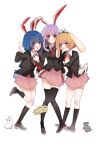  3girls :d absurdres animal_ears animal_on_head bangs black_jacket black_thighhighs blazer blonde_hair blue_eyes blush closed_mouth collared_shirt floppy_ears full_body highres iwakoo jacket kneehighs knees_together_feet_apart loafers locked_arms long_hair long_sleeves looking_at_viewer matching_outfit multiple_girls necktie on_head open_mouth pink_skirt plaid plaid_skirt purple_hair rabbit rabbit_ears rabbit_girl rabbit_on_head rabbit_tail red_eyes red_necktie reisen_udongein_inaba ringo_(touhou) seiran_(touhou) shirt shoes short_hair simple_background skirt smile socks tail thigh_gap thighhighs tie_clip too_many too_many_rabbits touhou undone_necktie white_background white_shirt yellow_eyes 