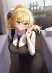  1girl absurdres black_pants black_vest blonde_hair breasts buttons collared_shirt cowboy_shot floating_hair green_eyes grin hand_up highres index_finger_raised indoors kuria_(clear_trip_second) large_breasts leaning_forward long_hair long_sleeves looking_at_viewer necktie omiai_shitakunakatta_no_de_murinandai_na_jouken_o_tsuketara_doukyuusei_ga_kita_ken_ni_tsuite pants ponytail shirt smile solo standing vest white_shirt yukishiro_arisa 