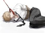  1boy ajrtkf44 black_necktie black_pants blonde_hair blood blood_on_clothes blood_on_face bound brown_eyes chainsaw_man collar collared_shirt denji_(chainsaw_man) highres leash lying male_focus necktie nosebleed on_side pants red_collar rope sharp_teeth shirt short_hair solo teeth tied_up_(nonsexual) white_background white_shirt 