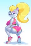  anthro areola_outline berri big_breasts big_butt blonde_hair blue_eyes bottomwear bra breasts butt clothing conker&#039;s_bad_fur_day crouching female footwear grey_body ground_squirrel hair half-closed_eyes hi_res looking_back mammal narrowed_eyes open_mouth ponytail rareware rodent sciurid shoes shorts sneakers solo somescrub sports_bra thick_thighs twerking underwear 