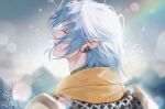  1boy armor artist_name bangs blue_background blue_hair chainmail closed_eyes commentary earclip elezen elf final_fantasy final_fantasy_xiv from_behind hair_between_eyes haurchefant_greystone light_particles male_focus matthewmetamor pointy_ears portrait profile short_hair smile solo watermark 