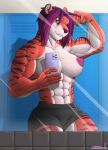  2023 5_fingers abs anthro areola athletic athletic_anthro athletic_female big_breasts bottomwear breasts cellphone clothed clothing felid female fingers flexing fur hair hi_res humanoid_hands locker locker_room mammal mirror mirror_selfie multicolored_body multicolored_fur muscular muscular_anthro muscular_female navel nipples orange_body orange_fur pantherine phone purple_hair purple_nose reflection saruuk selfie shorts signature smartphone solo striped_body striped_fur stripes teeth tiger topless topless_anthro topless_female two_tone_body two_tone_fur white_body white_fur 