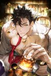  1boy ajrtkf44 alcohol animal bar_(place) black_hair cat commentary_request cup glass_bottle haikyuu!! highres holding holding_cup korean_commentary kuroo_tetsurou looking_at_viewer male_focus necktie red_tie shirt short_hair solo veins veiny_hands watch white_shirt wristwatch 