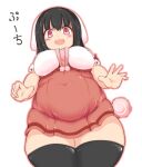  1girl animal_ears bangs black_hair breasts commentary_request covered_navel cowboy_shot dot_nose dutch_angle highres large_breasts looking_at_viewer lop_rabbit_ears nengorogoro open_hands open_mouth original outline pink_outline puuchi_(munimuni_kinoko) red_eyes short_sleeves simple_background solo straight-on tareme thick_thighs thighhighs thighs translation_request white_background 