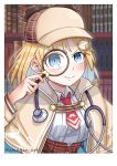  1girl blonde_hair blue_eyes blush brown_capelet brown_headwear brown_skirt cabbie_hat capelet collared_shirt cropped_torso detective hair_ornament hat holding holding_magnifying_glass hololive hololive_english library light_blush looking_at_viewer magnifying_glass monocle_hair_ornament necktie plaid plaid_skirt red_necktie shirt short_hair skirt smile stethoscope virtual_youtuber wanqin_art watermark watson_amelia white_shirt 