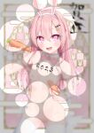  1girl :d animal_ears bangs bare_shoulders breasts bubble_filter carrot checkered_background egasumi fake_animal_ears fang food hair_between_eyes hair_ornament hairband heart heart-shaped_pupils highres hijouguti holding holding_food long_hair looking_at_viewer nipples no_shoes nude original pink_hair purple_eyes rabbit_ears small_breasts smile solo symbol-shaped_pupils thighhighs very_long_hair white_hairband white_thighhighs wrist_cuffs 