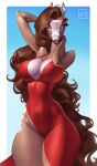  absurd_res breasts brown_eyes brown_hair cleavage clothed clothing dress equid equine eye_through_hair female hair hi_res holivi horse long_hair looking_at_viewer mammal nadira_(airheart) small_waist thick_thighs translucent translucent_hair wide_hips 