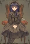  1girl aoki_reika black_dress blue_eyes blue_hair commentary_request dress frilled_dress frills gothic gothic_lolita hairband highres hime_cut lolita_fashion lolita_hairband long_hair long_sleeves looking_at_viewer mochico_bb precure sitting smile_precure! solo 