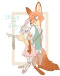 anthro arm_grab barefoot blush canid canine disney duo english_text feet female footprint fox gesture jewelry judy_hopps lagomorph leporid looking_at_another male male/female mammal memegmu necklace nick_wilde pawprint pointing purse rabbit text zootopia 