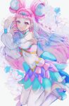  1girl bangs blue_hair blue_nails blush cure_la_mer earrings highres i0qqsm jewelry laura_la_mer leggings long_hair magical_girl midriff pearl_hair_ornament pink_hair precure short_bangs smile tropical-rouge!_precure two_side_up white_footwear white_leggings 