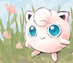  blue_eyes blue_sky closed_mouth day english_commentary flower grass jigglypuff no_humans outdoors pink_flower pokemon pokemon_(creature) sailorclef sky smile solo 