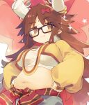  1girl :3 bow bracelet breasts brown_eyes brown_hair elephant_hat fate/grand_order fate_(series) ganesha_(fate) glasses hair_bow hands_on_hips jewelry jinako_carigiri large_breasts long_hair mouse mouse_on_shoulder navel plump yuzuki_gao 