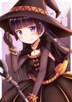  bat_(animal) black_hair blue_eyes bow capelet castle dress elbow_gloves frilled_dress frills gloves gokou_ruri gold_bracelet gold_necklace halloween_costume hand_on_headwear hat highres hime_cut holding holding_staff jewelry mage_staff mole mole_under_eye necklace orange_bow ore_no_imouto_ga_konna_ni_kawaii_wake_ga_nai sleeveless sleeveless_dress smile staff takatsuki_akira witch_hat 