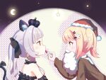  2girls alternate_hairstyle animal_ear_fluff animal_ears applying_makeup bare_shoulders blonde_hair blush cat_ears cat_girl cat_tail christmas commentary cosmetics fake_beard fake_facial_hair flower grey_hair hair_flower hair_ornament hairclip hat hololive lipstick_tube momosuzu_nene multiple_girls murasaki_shion official_alternate_costume santa_hat symbol-only_commentary tail twintails virtual_youtuber xi_pu 