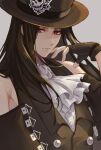  1other androgynous ascot bare_shoulders black_hair dentiganai fingerless_gloves gloves grey_background guilty_gear guilty_gear_strive hat long_hair looking_at_viewer red_eyes simple_background skull solo testament_(guilty_gear) top_hat 