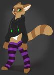  2022 3_toes 4_fingers anthro biped black_clothing black_hoodie black_nose black_topwear blue_eyes bottomless bottomless_anthro bottomless_female brown_body brown_ears brown_fur canid canine clawed_fingers claws clothed clothed_anthro clothed_female clothing dated digital_drawing_(artwork) digital_media_(artwork) digitigrade eyelashes facial_markings featureless_crotch feet female fingers fur gloves_(marking) green_eyes head_markings heterochromia hi_res honeyfox hoodie leaf legwear looking_at_viewer mammal markings mask_(marking) multicolored_body multicolored_fur open_mouth pattern_clothing pattern_legwear pattern_stockings purple_clothing purple_legwear purple_stockings raccoon_dog red_tongue shaded signature smile smiling_at_viewer snout solo standing stockings striped_body striped_clothing striped_fur striped_legwear striped_markings striped_stockings striped_tail stripes tail tail_markings tan_body tan_fur tan_inner_ear tanuki toes tongue topwear two_tone_body two_tone_fur white_body white_fur yuki_(side_b) 