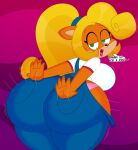 2022 3barts 4k abstract_background absurd_res accessory activision anthro bandicoot bedroom_eyes big_breasts big_butt blonde_hair bouncing_breasts bouncing_butt breast_jiggle breasts bubble_butt butt butt_focus butt_jiggle butt_slap clothing coco_bandicoot crash_bandicoot_(series) curvaceous curvy_figure dialogue digital_drawing_(artwork) digital_media_(artwork) english_text eyelashes female fingers fur green_eyes hair hair_accessory hair_tie hi_res hourglass_figure huge_breasts huge_butt jiggling lipstick looking_at_viewer looking_back makeup mammal marsupial motion_lines multicolored_body multicolored_fur narrowed_eyes open_mouth orange_body orange_fur overalls panties ponytail rear_view red_lipstick seductive simple_background slap small_waist smile solo spanking talking_to_viewer tan_body tan_fur text thick_thighs tongue two_tone_body two_tone_fur underwear voluptuous wide_hips 
