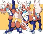  1girl animal_ears ass ass_grab blue_thighhighs boku_no_hero_academia breasts bunny_pose crescent_print dark-skinned_female dark_skin gloves grabbing_own_ass grin high_kick highleg highleg_leotard highres kicking leotard long_eyelashes long_hair mirko multiple_views muscular muscular_female rabbit_ears rabbit_girl rabbit_tail red_eyes scott_malin sleeveless_turtleneck_leotard smile tail tail_through_clothes thighhighs toned top-down_bottom-up turtleneck_leotard white_gloves white_hair white_leotard 