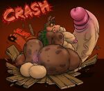  activision anthro anus balls big_butt bubble_butt butt butt_slap crash_bandicoot_(series) crate dingodile genitals hi_res male penis scalie shocked sitting slap solo spanking wolfbear303 