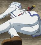  1girl ass breasts foot_out_of_frame han&#039;you_no_yashahime haruyama_kazunori higurashi_towa lying on_side short_hair solo sword weapon white_hair 