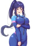  1girl :d arm_under_breasts blue_bodysuit blue_hair blush bodysuit breast_hold breasts contrapposto cowboy_shot diving_suit hair_between_eyes high_ponytail highres large_breasts long_hair looking_at_viewer love_live! love_live!_sunshine!! matsuura_kanan open_mouth purple_eyes shinonon_(iso_shino) sidelocks simple_background skin_tight smile solo very_long_hair white_background 