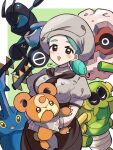  1girl ascot brown_ascot brown_skirt buttons chef claws forretress gloves green_eyes green_hair hat heracross holding holding_pokemon katy_(pokemon) lokix mole mole_on_cheek mole_under_eye open_mouth pokemon pokemon_(creature) pokemon_(game) pokemon_sv puffy_sleeves short_sleeves skirt smile spidops teddiursa white_headwear yunme 