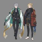  2boys adjusting_clothes adjusting_gloves black_footwear black_gloves black_jacket black_pants black_sweater blonde_hair blue_vest buttons coat coat_on_shoulders commentary double-breasted full_body genshin_impact gloves green_eyes grey_background grey_hair hand_in_pocket highres jacket kaveh_(genshin_impact) long_sleeves multiple_boys necktie pants papajay_(jennygin2) red_coat scarf shoes simple_background sweater symbol-only_commentary thigh_strap vest white_coat white_footwear white_necktie yellow_eyes yellow_scarf 