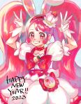  1girl 2023 bangs cake_hair_ornament choker cure_whip earrings english_commentary food-themed_hair_ornament food-themed_ornament fruit_brooch gloves grin hair_ornament happy_new_year headband highres jewelry kirakira_precure_a_la_mode long_hair macaron_hair_ornament magical_girl pink_choker pink_eyes pink_hair pom_pom_(clothes) pom_pom_earrings pouch precure smile solo twintails usami_ichika v white_gloves yuki_inu 