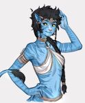  alien alien_humanoid animal_humanoid black_hair blue_body braided_hair braided_ponytail clothed clothing ear_piercing felid felid_humanoid feline feline_humanoid female hair hand_on_hip hi_res humanoid humanoid_pointy_ears james_cameron&#039;s_avatar mammal mammal_humanoid na&#039;vi partially_clothed piercing pink_nose pinup ponytail pose simple_background smile solo spuydjeks striped_body stripes tail tail_tuft tribal_clothing tuft white_background yellow_eyes 
