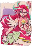  1girl aqua_hair bangs commentary_request cure_flamingo earrings fingerless_gloves gloves hand_on_hip jewelry kamikita_futago long_hair magical_girl midriff multicolored_hair official_art open_mouth pouch precure purple_eyes red_hair single_hair_intake skirt smile solo streaked_hair takizawa_asuka tropical-rouge!_precure white_gloves 