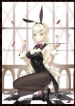  1girl ahoge animal_ears arm_strap bare_shoulders black_footwear black_hairband black_leotard blonde_hair blurry bow bowtie breasts brown_pantyhose card cleavage closed_mouth cocktail_glass cup depth_of_field detached_collar drinking_glass ear_piercing earrings fake_animal_ears fake_tail fishnet_pantyhose fishnets hair_ornament hairband hands_up high_heels highleg highleg_leotard highres holding holding_tray jewelry latex leotard long_hair looking_at_viewer marumoru medium_breasts melonbooks mole mole_on_breast mole_under_mouth original pantyhose piercing playboy_bunny playing_card rabbit_ears rabbit_tail smile solo squatting strapless strapless_leotard tail tile_floor tiles tray very_long_hair waist_cape wrist_cuffs x_hair_ornament yellow_eyes 