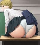  1girl :d absurdres accidental_exposure ano_(gccx8784) ass ass_focus back bag bangs black_skirt blonde_hair blush cameltoe chalkboard classroom clothes_lift commentary_request crotch_seam desk from_behind highres indoors leaning_forward looking_away on_desk open_mouth original panties pleated_skirt profile revision school_bag school_desk school_uniform shirt short_hair shoulder_bag sitting skirt skirt_lift sleeves_rolled_up smile solo underwear white_panties white_shirt yellow_eyes 