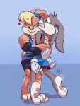  &lt;3 2022 anthro blonde_hair bugs_bunny clothing deathzera duo embrace eye_contact female gloves hair handwear hi_res hug lagomorph lola_bunny looking_at_another looney_tunes male mammal muscular muscular_anthro muscular_female narrowed_eyes signature simple_background warner_brothers 