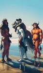 anthro balls baseball_cap beach belly bgn bison bovid bovine butt canid canine canis carrying casual_nudity cattle claws clothing eyewear flaccid foreskin genitals group hat headgear headwear hi_res hooves male male/male mammal musclegut muscular muscular_male mustelid nipples nude otter pecs penis piggyback public public_nudity sand sea seaside smile sunglasses water wolf 