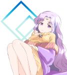  1girl bare_legs bridal_gauntlets circlet dress expressionless fermelle fire_emblem fire_emblem:_thracia_776 highres light_purple_hair long_hair long_sleeves looking_at_viewer lying purple_eyes sara_(fire_emblem) simple_background sitting solo very_long_hair white_background yellow_dress 