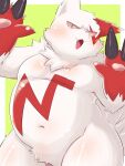  anthro belly blush claws crotch_tuft featureless_crotch fur generation_3_pokemon hi_res keriage male musclegut navel nintendo pecs pokemon pokemon_(species) solo tuft white_body white_fur zangoose 