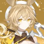 1girl animal_ears annnnq arknights bare_shoulders breasts brown_background brown_hair cleavage closed_mouth dorothy_(arknights) gloves hair_intakes hat highres long_hair looking_at_viewer low_ponytail medium_breasts mouse_ears simple_background solo upper_body white_headwear yellow_eyes yellow_gloves 