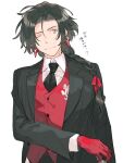  1boy ;) alternate_hairstyle bangs black_hair black_jacket black_necktie braid collared_shirt constantine_xi_(fate) earrings fate/grand_order fate_(series) gloves grey_eyes hair_over_shoulder hair_ribbon hair_strand highres jacket jewelry kitada light_smile long_hair looking_at_viewer male_focus necktie official_alternate_hair_length official_alternate_hairstyle one_eye_closed parted_bangs red_gloves red_ribbon red_vest ribbon shirt simple_background single_braid smile solo suit_jacket sweatdrop upper_body vest white_background white_shirt 