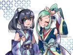  2girls aqua_eyes aqua_hair black_hair clenched_hand closed_mouth commentary dawn_(new_year&#039;s_2023)_(pokemon) dawn_(pokemon) detached_sleeves lisia_(new_year&#039;s_2023)_(pokemon) lisia_(pokemon) looking_at_viewer multiple_girls official_alternate_costume one_eye_closed open_mouth pokemon pokemon_(game) pokemon_masters_ex ponytail sash shippou_(pattern) smile symbol-only_commentary twitter_username w whitecrow9522 