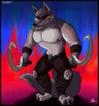  absurd_res big_bad_wolf black_eyes canid canine canis chest_tuft death_(puss_in_boots) dreamworks fairy_tales fluffy fluffy_tail fur grey_body grey_fur grizzlyboi75 hi_res male mammal nipples pants_only pupils puss_in_boots_(film) puss_in_boots_the_last_wish red_pupils shirtless smile smiling_at_viewer solo tail tuft weapon wolf 