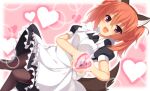  1girl alternate_costume animal_ears apron aria. bangs black_dress black_pantyhose blush breasts dress enmaided eyelashes fake_animal_ears fang frilled_apron frilled_dress frills hair_between_eyes heart heart_background heart_hands inaba_meguru looking_at_viewer maid maid_apron moe_moe_kyun! open_mouth orange_hair pantyhose pink_background puffy_short_sleeves puffy_sleeves red_eyes sanoba_witch short_sleeves sidelocks small_breasts smile solo tail twintails white_apron wolf_ears wolf_tail 