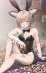  1girl absurdres alcohol animal_ears arknights black_bow black_bowtie black_leotard blue_eyes blush bottle bow bowtie breasts brown_hair collar cup detached_collar drinking_glass extra_ears fox_ears fox_girl fox_tail highres holding holding_cup indoors leotard looking_at_viewer oripathy_lesion_(arknights) rabbit_ears short_hair small_breasts solo strapless strapless_leotard sussurro_(arknights) tail welt_(kinsei_koutenkyoku) white_collar white_wrist_cuffs wine_glass 