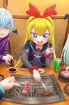  absurdres bangs black_jacket blonde_hair blue_eyes blue_hair bow cropped_jacket dokidoki!_precure dress food grey_dress grill hair_bow highres ira_(dokidoki!_precure) itou_shin&#039;ichi jacket long_hair mamo_(dokidoki!_precure) open_mouth plate precure regina_(dokidoki!_precure) sauce smile solo_focus 