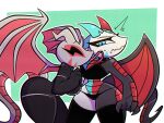  2019 absurd_res anthro bat_wings bikini blue_eyes clothed clothing dragon duo embarrassed female female/female grey_body hi_res horn legwear licking long_tail membrane_(anatomy) membranous_wings nelljoestar qetesh_(sir-raptor) scalie simple_background swimwear tail thick_thighs thigh_highs tongue tongue_out wide_hips wings 