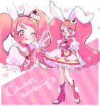  1girl ;p animal_ears bangs blush boots cake_hair_ornament character_name choker commentary_request cure_whip earrings food-themed_hair_ornament food-themed_ornament frills hair_ornament highres jewelry kirakira_precure_a_la_mode kojikoji macaron_hair_ornament magical_girl one_eye_closed pink_choker pink_eyes pink_hair pom_pom_(clothes) pom_pom_earrings precure rabbit_ears smile solo tongue tongue_out twintails usami_ichika v 