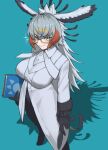  1girl a888_n22 aqua_background arm_at_side bangs bird_girl bird_tail bird_wings black_pants blonde_hair book breasts buttons closed_mouth coat collared_coat frilled_sleeves frills glasses gloves grey_hair hair_between_eyes head_wings highres holding holding_book holding_quill kemono_friends large_breasts legs_apart long_hair long_sleeves multicolored_hair pants quill red_hair secretarybird_(kemono_friends) semi-rimless_eyewear shiny shiny_hair shoes simple_background smile solo standing tail under-rim_eyewear very_long_hair white_coat white_hair wing_collar wings yellow_eyes 