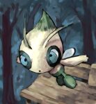  antennae blue_eyes celebi dot_mouth english_commentary flying forest hokora_(shrine) ilex_forest in-universe_location nature no_humans outdoors outstretched_arms pokemon pokemon_(creature) sailorclef shrine solo spread_arms tree wings 